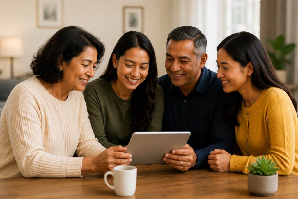 Family reviewing support resources together on a tablet