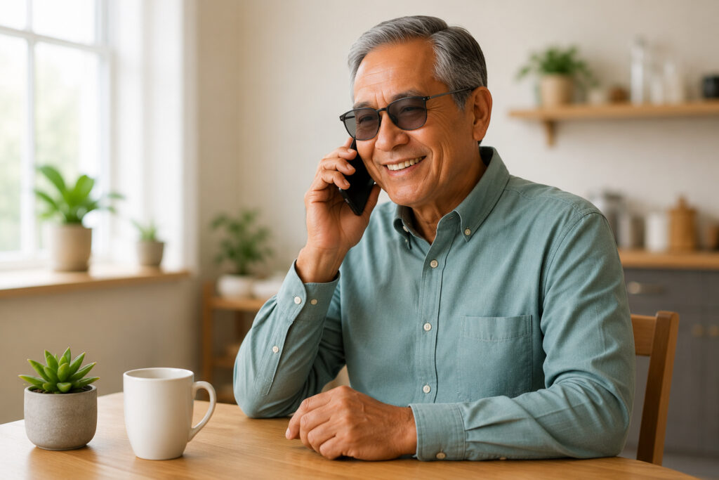 Adult with vision loss speaking on the phone during intake