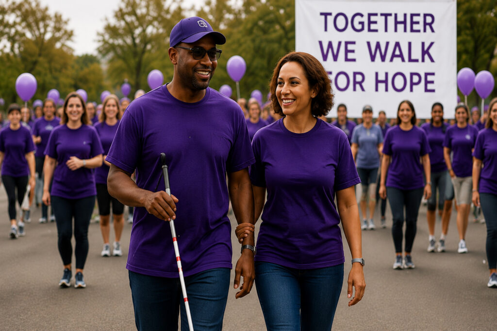 Participants walking together at a vision loss awareness event