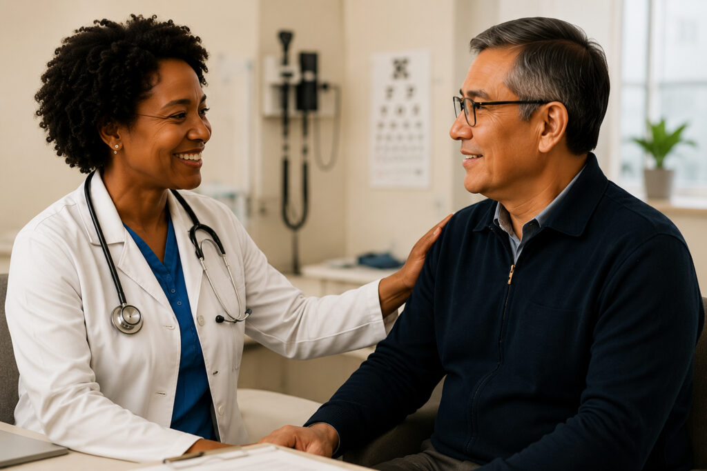 Healthcare provider consulting with an adult experiencing vision loss