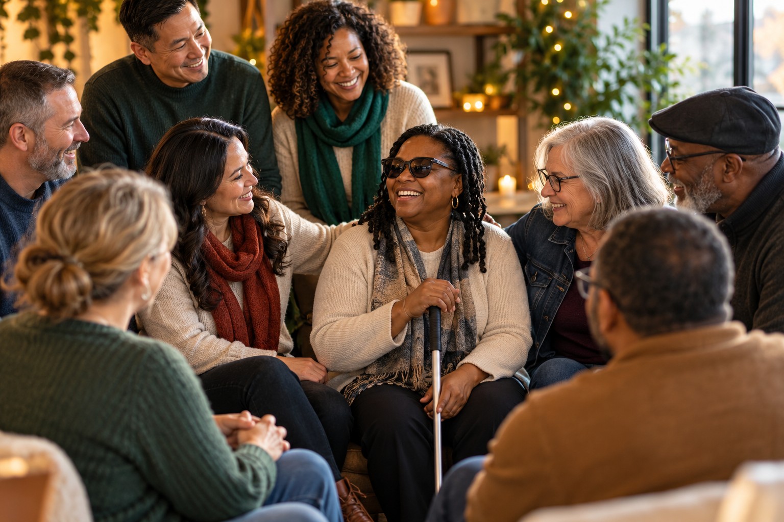 A diverse group of adults gathered together in a warm community setting, including a woman with a white cane, representing connection, dignity, and support.